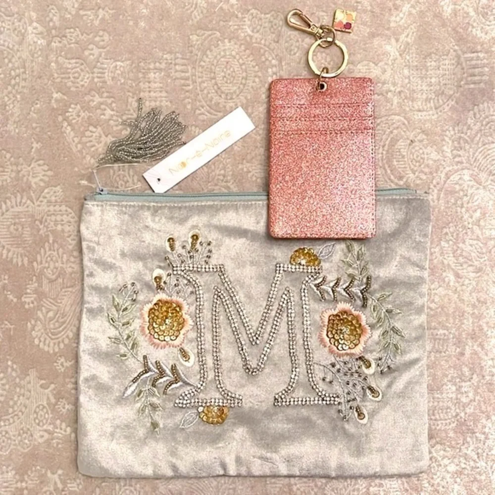 Brand New Set of Velvet Beaded Monogram M Zippered Pouch & Glitter Card Key Case